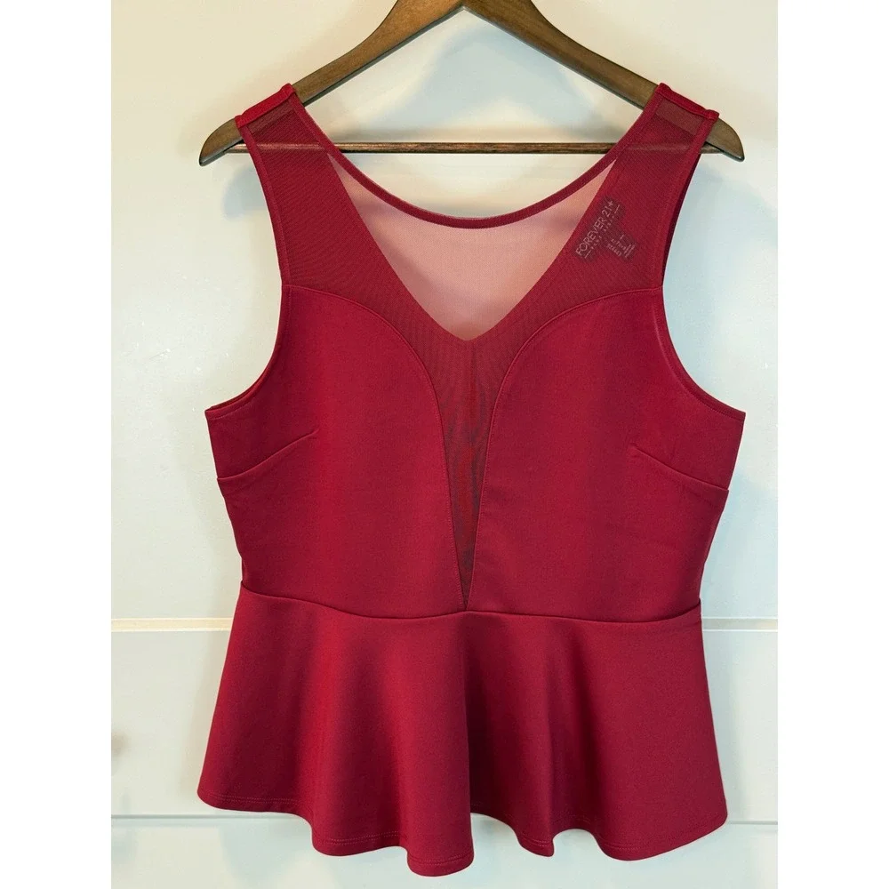 Forever 21+ 1X Peplum Tank‎ Top Red Sheer Romanitc Valentine Sweetheart Neckline - Picture 2 of 6